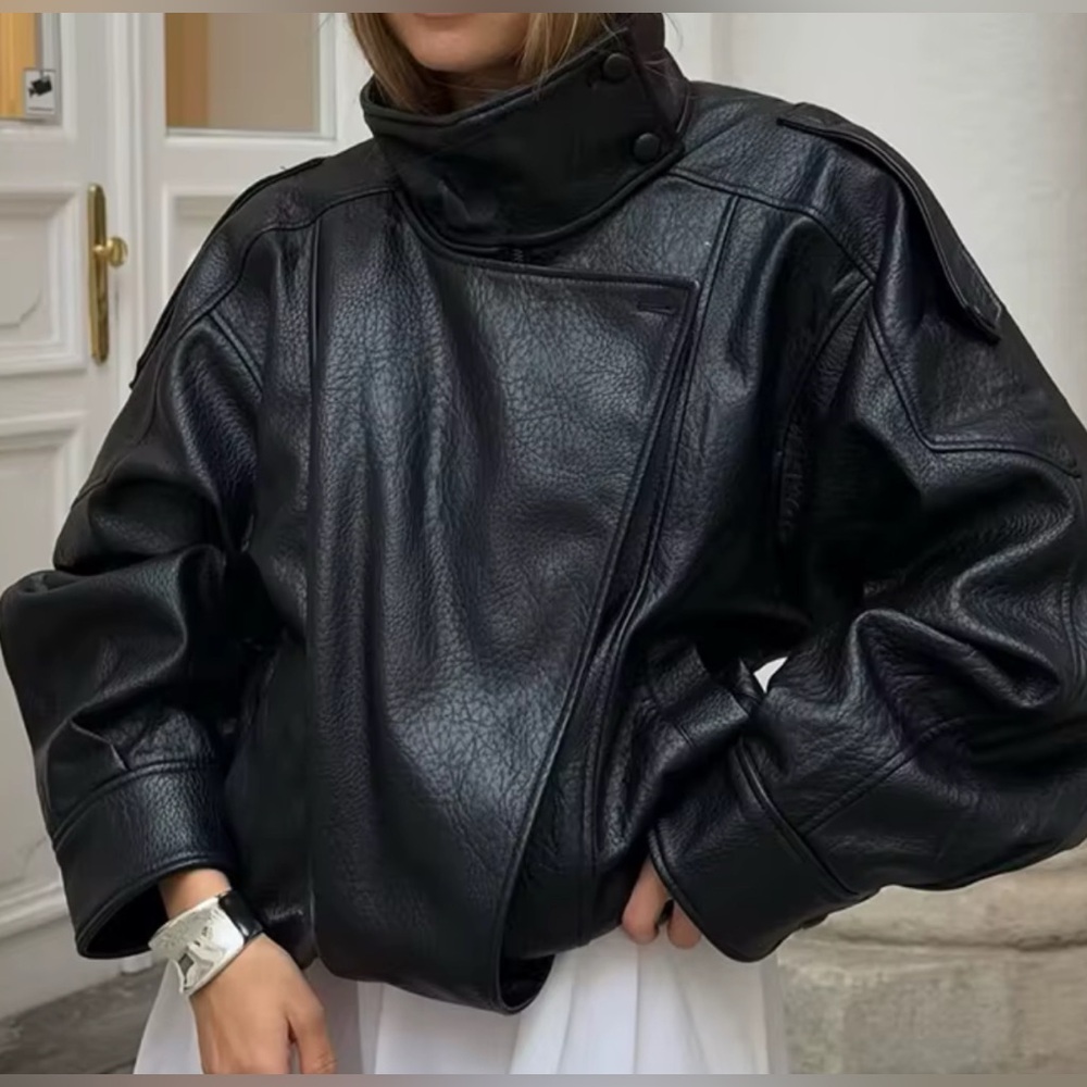 Black Leather Asymmetrical Zip Jacket its new 100% leather